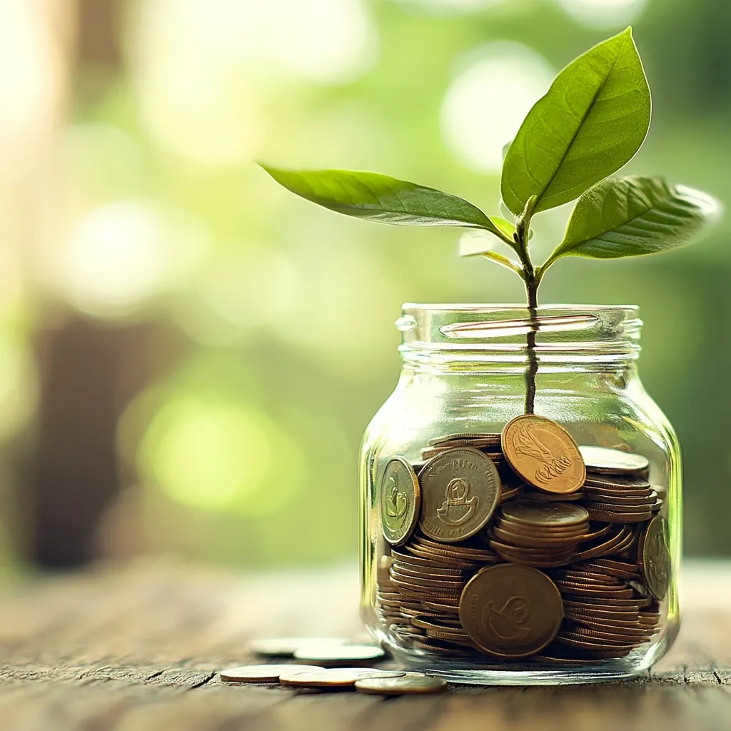 A glass jar filled with golden coins and a small green plant growing out of it sits on a wooden table. The background is a blurred image of green foliage. The image symbolizes the concept of financial growth and prosperity.