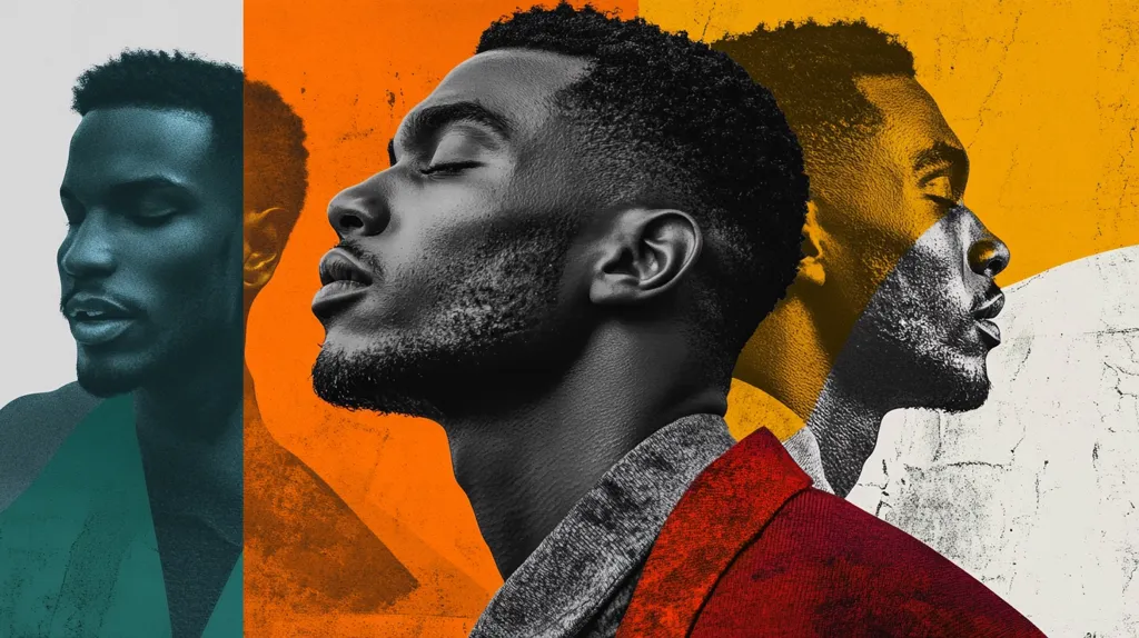 The image is a collage of three different portraits of a young black man. The man is in profile, looking to the right. The three portraits are superimposed over one another, creating a layered and abstract effect. The backgrounds are vibrant and colorful. The man's skin is depicted in different shades of blue, grey, and black, and the background features bright orange, yellow, and white tones.  The overall image is a striking and artistic representation of a man's identity and individuality.