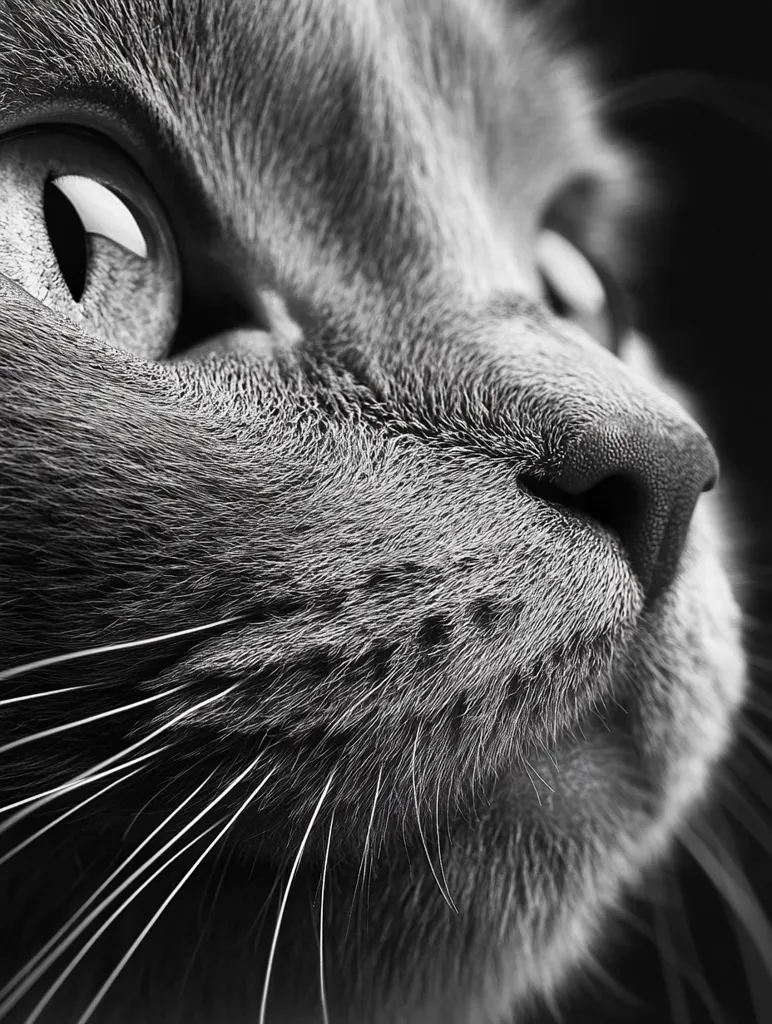 A close-up, black and white photograph of a cat's face. The cat's large, round eye with a dark pupil is in focus, looking directly at the viewer. The cat's wet, pink nose and whiskers are visible, and the fur is soft and textured. The background is out of focus, creating a sense of intimacy and closeness.
