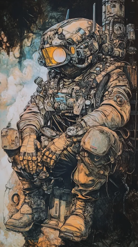 A heavily armored, futuristic soldier sits with their legs crossed, their hands resting on their knees. Their helmet is intricate and features a large, yellow visor. The soldier is surrounded by a dark, industrial setting with machinery and wires visible. The artwork is drawn with meticulous detail and a sense of realism.