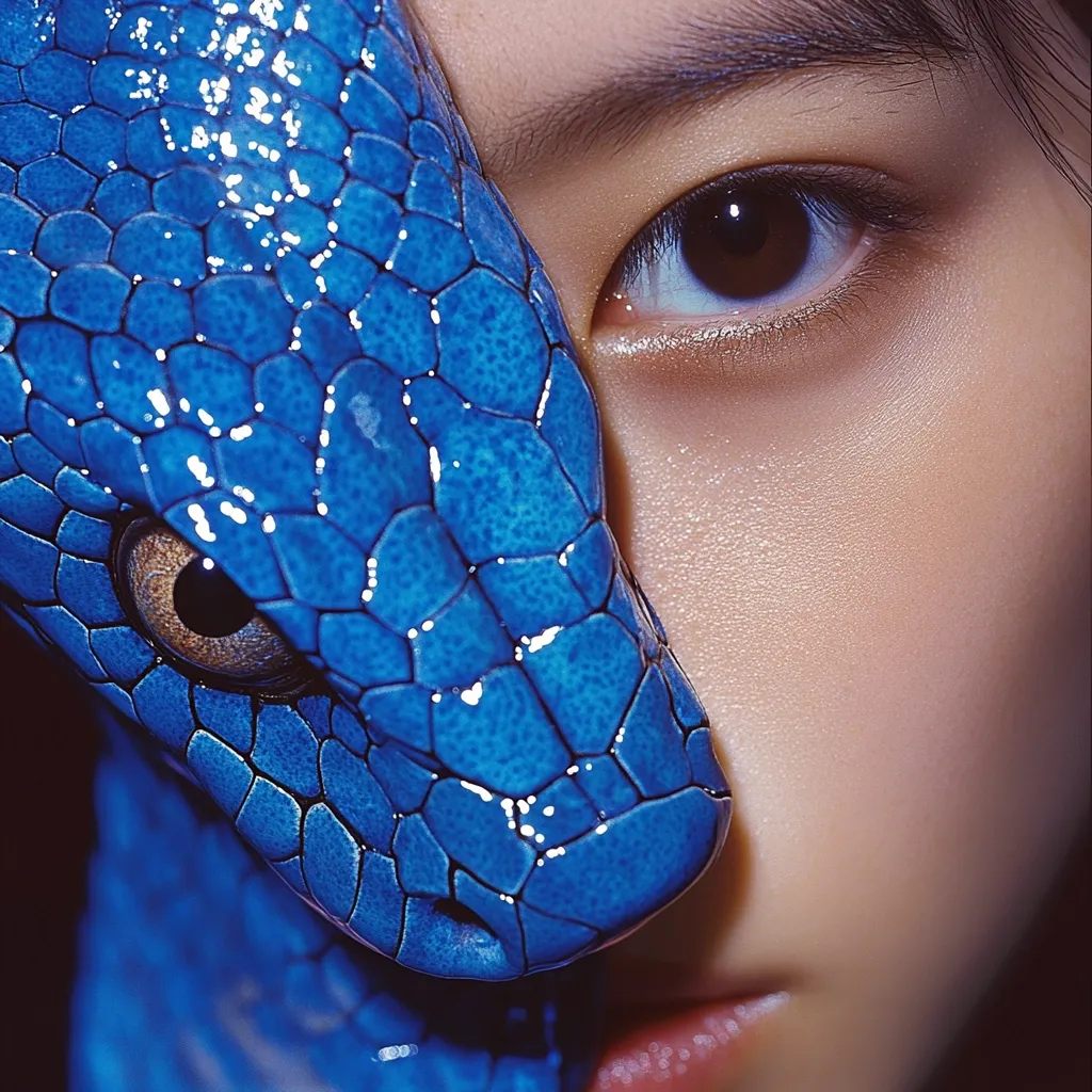 The image shows a close-up of a woman's face with a blue snake wrapped around her head. The snake's scales are shiny and intricate, covering part of the woman's eye.  The woman's skin is smooth and pale, contrasting with the vibrant blue of the snake. The focus is on the eye and the snake, creating a captivating and slightly unsettling visual.