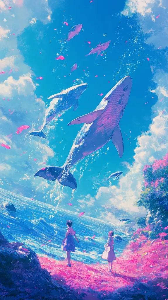 Two whales leap out of the ocean against a bright blue sky. Pink petals and fish float in the air as two girls in dresses watch on the shore. The sea is blue and the sand is pink. The sky is filled with fluffy white clouds.