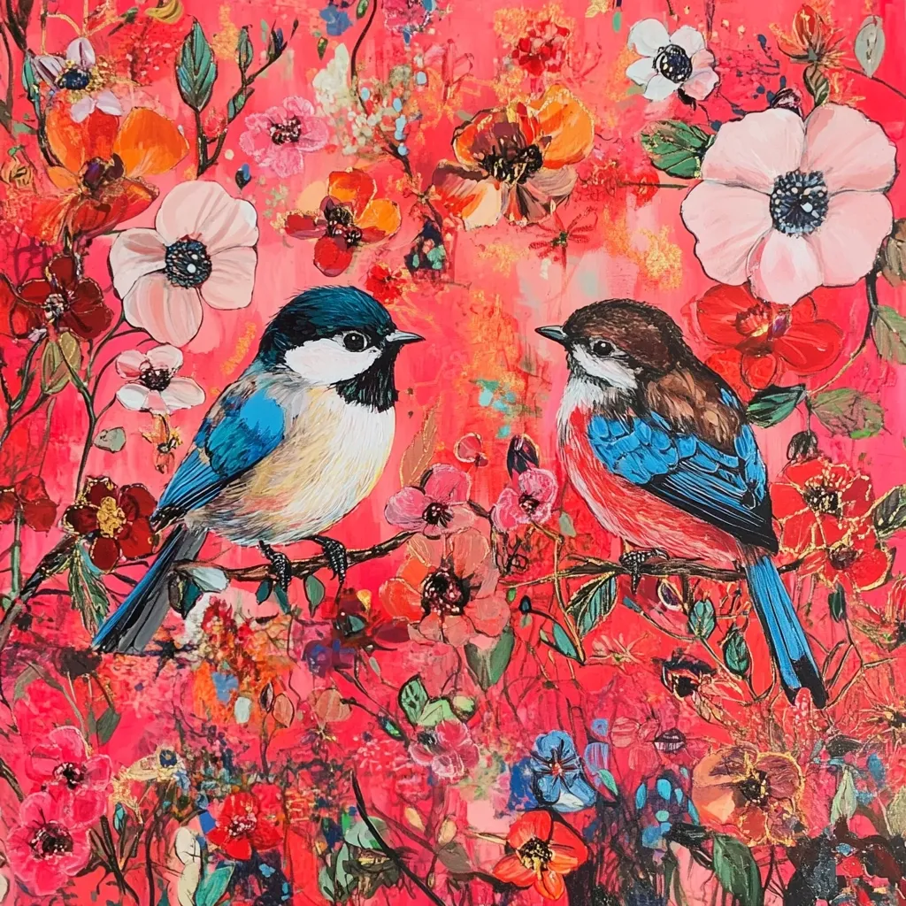 The painting depicts two colorful birds perched on branches amidst a vibrant floral landscape. The birds, one blue and white and the other red, blue, and brown, are positioned in the center of the canvas, their gaze directed towards each other. The background bursts with a myriad of flowers in various shades of red, pink, and white, creating a dynamic and energetic composition. The overall atmosphere is one of lively beauty and natural harmony.