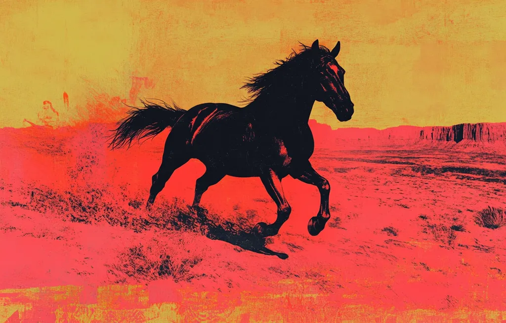 The image depicts a black horse galloping across a desert landscape. The horse is in silhouette against a vibrant red and orange background, creating a striking contrast. The horse's mane and tail flow in the wind as it races across the sand. The image evokes a sense of freedom and motion.