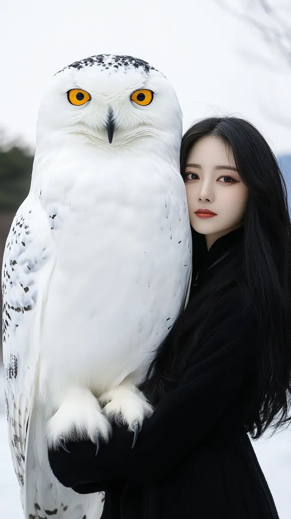 A young woman with long black hair is holding a large white snowy owl with black markings. The owl is looking directly at the camera with its bright yellow eyes. The woman is wearing a black coat and the owl is resting on her arm. The background is blurred and out of focus. The image has a whimsical and magical feel.