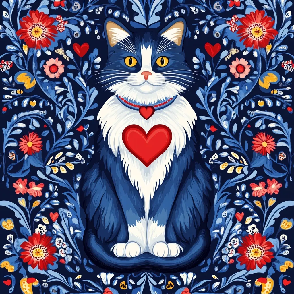 A black and white cat sits in the middle of a floral pattern. The cat is mostly blue with white paws and a white chest. It has a red heart over its chest and a red jewel on its collar. The floral pattern is mainly red and white with green leaves and a blue background. The cat has large yellow eyes and is looking directly at the viewer.