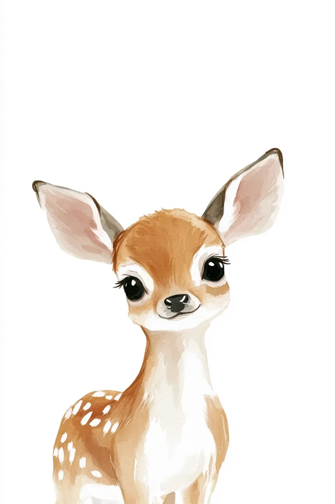 The image depicts a watercolor painting of a fawn. The fawn is facing the viewer with its head tilted slightly to the side. It has large, dark eyes, a brown and white coat, and long, thin legs. The fawn's fur is detailed with light brown spots and the painting is set against a plain white background.  The fawn's expression is gentle and curious, with a hint of innocence. The overall tone of the image is one of sweetness and tenderness.