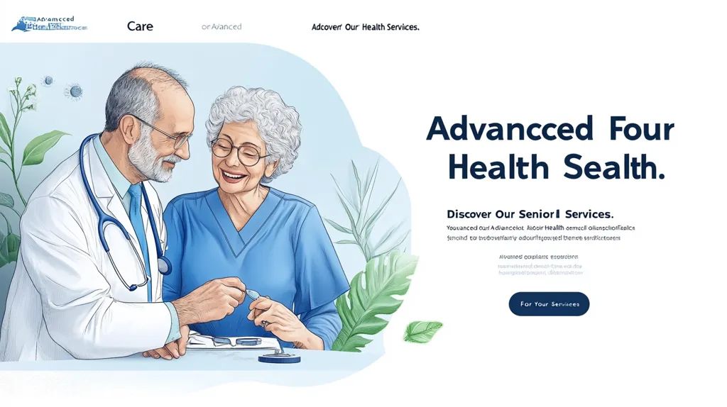 The image shows a doctor in a white coat and a stethoscope, examining an elderly woman who is sitting at a table. They are both smiling and seem to be having a pleasant conversation. The image is set against a blue and green background, with leafy plants and flowers in the foreground. The text on the webpage promotes "Advanced Four Health Sealth" and its senior services.