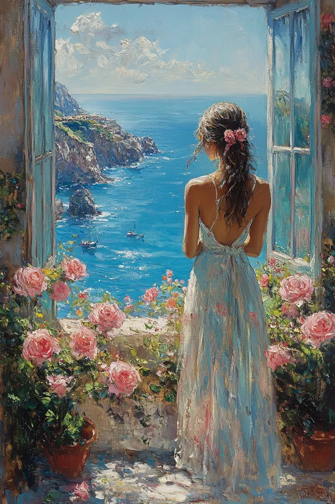 A woman in a white dress stands by an open window, gazing out at a stunning view of the ocean. Lush greenery and pink roses frame the scene. The bright blue water stretches out to meet the horizon, while rocky cliffs and sailboats dot the landscape. Sunlight bathes the scene in a warm glow, creating a serene and idyllic moment. The woman's relaxed posture suggests a moment of tranquility and contemplation.