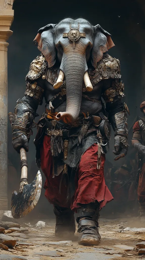 A humanoid elephant figure, clad in intricate armor and a red sash, strides across a dusty path.  The creature has a long trunk and tusks, its face adorned with a golden ornament. It holds a large axe in one hand,  its imposing presence dominating the scene. Other figures, partially obscured in the background, suggest a story of power and conflict. The dramatic lighting and detailed textures create a sense of fantasy and awe.