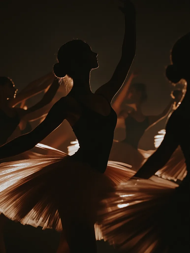 A ballerina in a flowing tutu stands with her arm raised, her silhouette outlined against a darkened stage. The image is captured from a low angle, emphasizing the delicate fabric of her skirt. Other dancers are visible in the background, creating a sense of movement and grace. The warm lighting casts a soft glow, enhancing the ethereal quality of the scene.