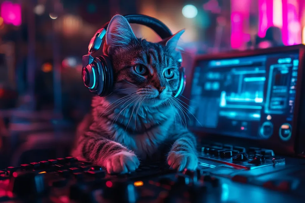 A tabby cat wearing headphones sits in front of a computer with a keyboard and a monitor showing a digital display. The cat is looking intensely at the screen, with a serious expression. The scene is illuminated with vibrant blue and pink lighting, creating a futuristic and playful aesthetic. The image captures a humorous and relatable moment of a cat enjoying technology, hinting at its potential for entertainment and interaction with the digital world.