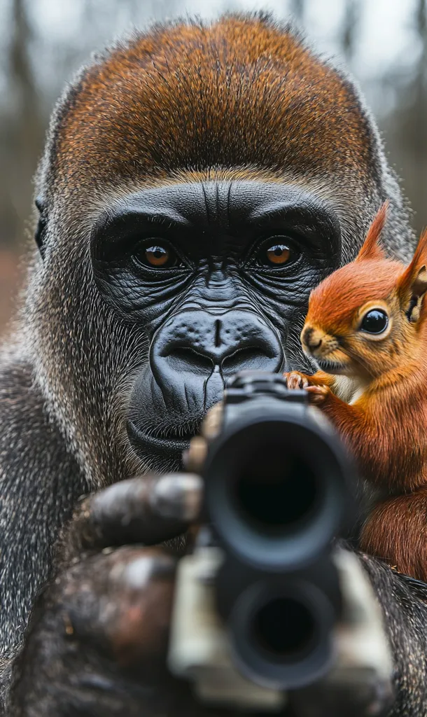 A gorilla with a serious expression holds a rifle in front of its face, aiming it directly at the viewer. A small, furry squirrel sits on the gorilla's shoulder, looking intently at the camera. The image is a humorous and thought-provoking juxtaposition of unlikely companions.