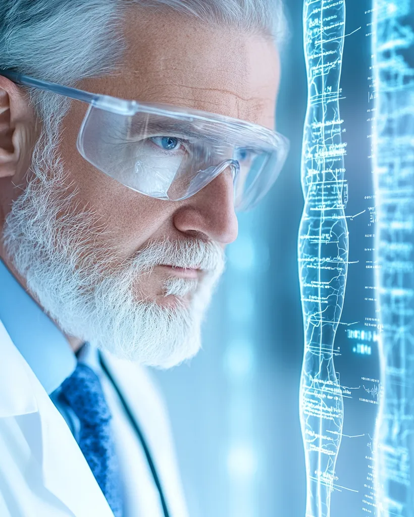 A man with grey hair and a beard, wearing safety glasses and a white lab coat, gazes intently at a digital representation of the human spine. The image is blurry behind him, suggesting a futuristic medical setting or a virtual reality experience. The image evokes a sense of scientific advancement and the use of technology in healthcare.