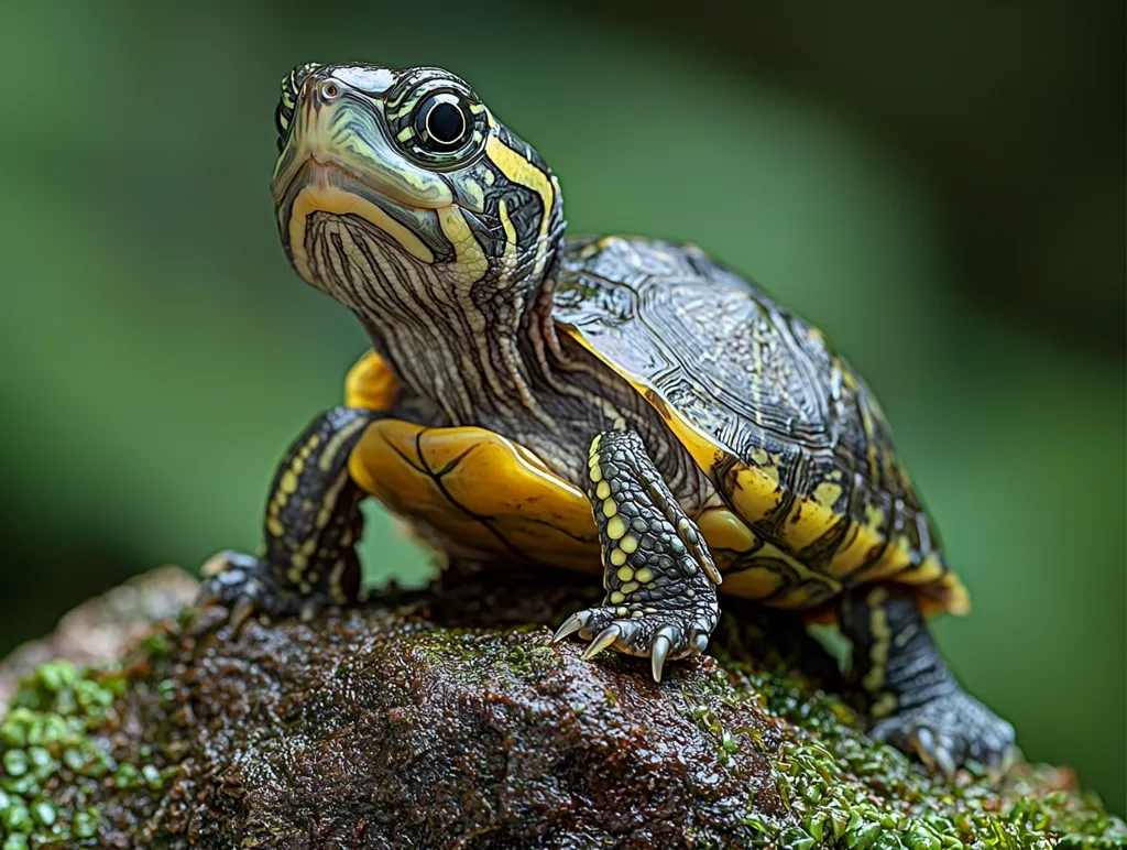 A small turtle with a black, yellow, and green shell is perched on a mossy rock. Its head is tilted up and its eyes are focused on something off-camera. The turtle's shell is textured and its skin is smooth. The background is a blurry green, suggesting a natural habitat. The image is focused on the turtle's face and shell, highlighting its intricate patterns and textures.  The turtle appears to be alert and curious, its body posture suggesting a moment of anticipation.