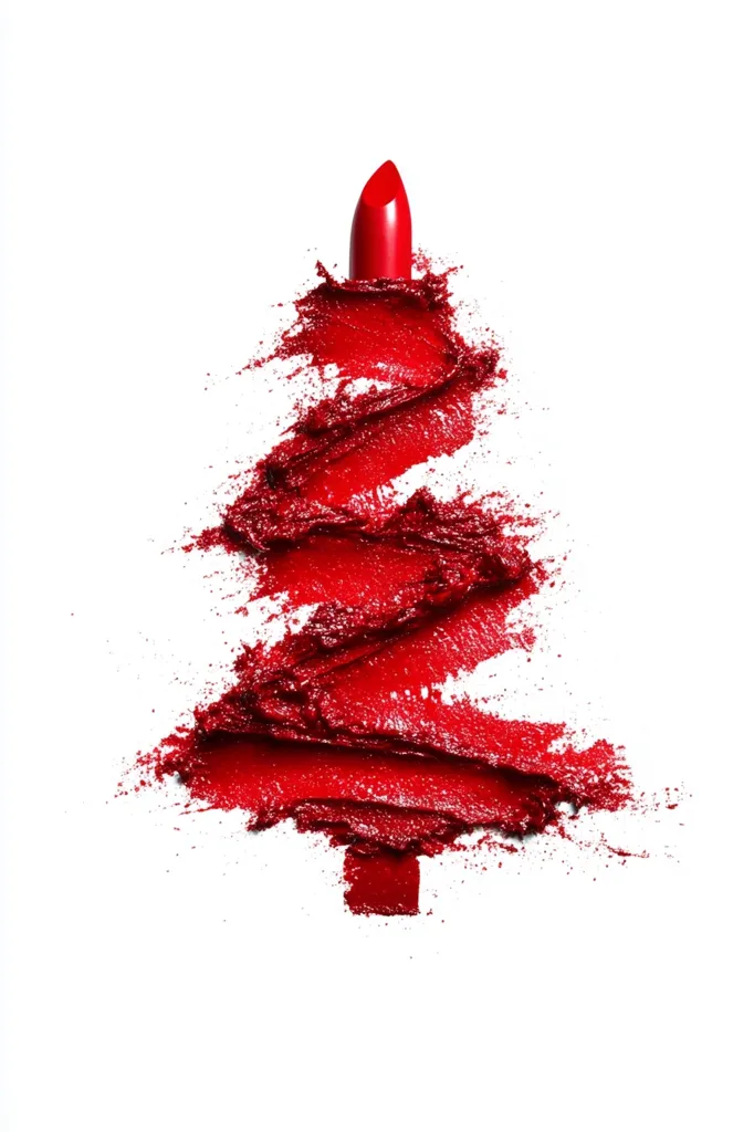 A red lipstick is used to create a Christmas tree shape against a white background. The lipstick has been swiped across the surface, leaving a trail of red pigment. The lipstick is at the top of the tree, with the red pigment forming the branches and trunk.  The image is simple and elegant, and it is a creative way to celebrate the holiday season.