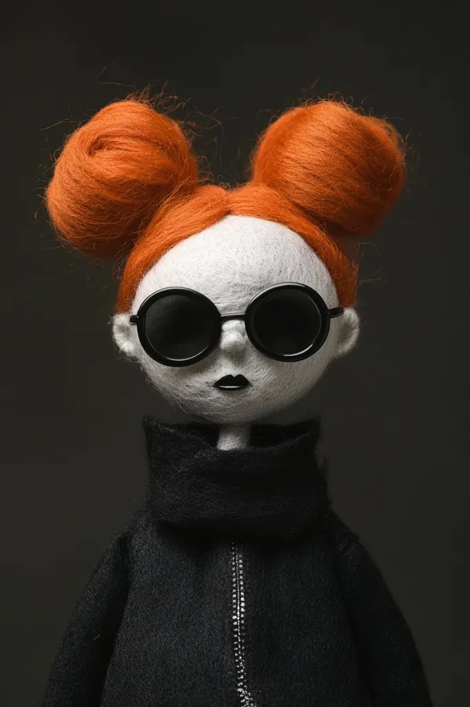 A handmade doll with bright orange hair in two buns and a white face. She wears large black sunglasses and a black turtleneck sweater. The doll is against a plain dark grey background.  The doll's facial expression is neutral with a hint of melancholy.