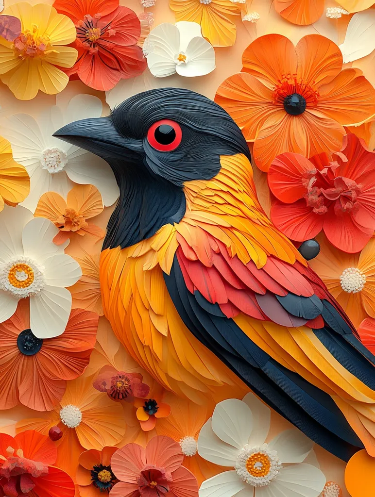 A bird with black, orange and red feathers sits among a bed of orange and white paper flowers. The bird's red eye stares directly at the viewer, while the paper flowers create a circular frame around the bird. The artwork is made of meticulously crafted paper and is a beautiful example of paper art. The contrasting colors of the bird and flowers create a visually stunning image.