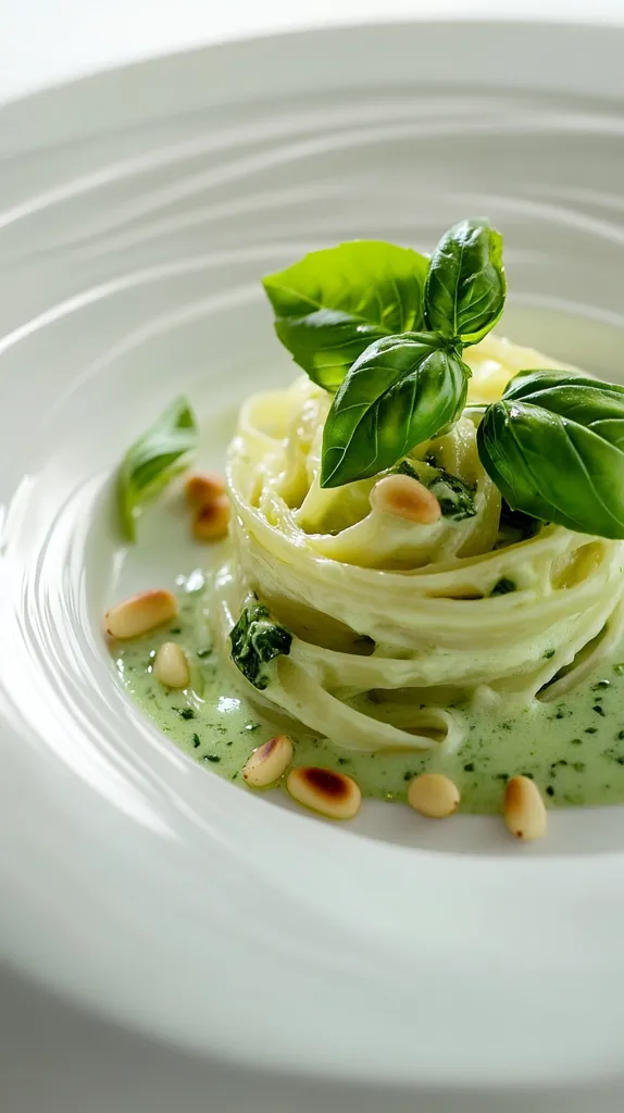 A white plate with a delicious looking pasta dish. The pasta is topped with a green sauce and pine nuts. A sprig of fresh basil sits on top of the pasta. The white plate is simple and elegant, making the dish look even more appetizing.
