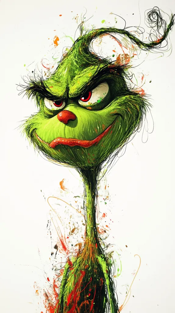 The Grinch is depicted in a stylized, abstract manner. His green fur is rendered with brushstrokes, his face is exaggerated with red eyes and a mischievous smile. The background is a white canvas with splashes of color, creating a dynamic and energetic composition. The Grinch's long, thin body extends downwards, with the lines swirling around him, adding a sense of movement to the artwork.  The overall effect is playful and whimsical, capturing the Grinch's iconic personality.