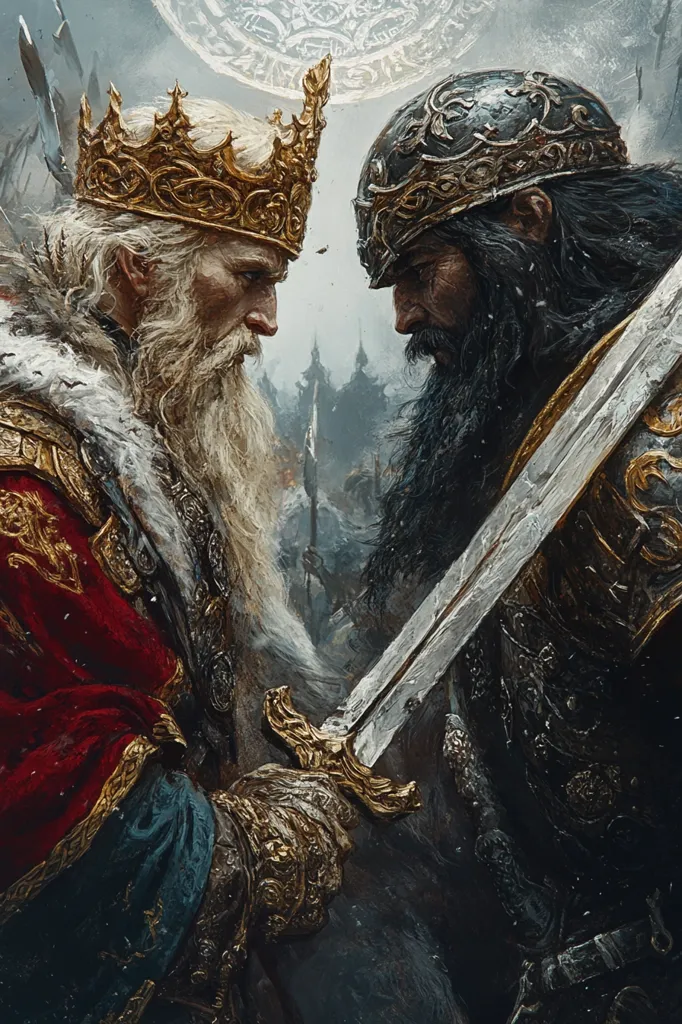 Two armored warriors stand facing each other. The one on the left wears a golden crown and fur-trimmed red and blue robes. He has a long white beard and holds a sword in his gloved hand. The one on the right wears a dark helmet and dark armor. He holds a sword in his hand and has a long dark beard. The background is blurry and shows a cityscape. The warriors have intense expressions on their faces, suggesting a confrontation.  A circular pattern is visible in the sky behind them, suggesting a magical or otherworldly element.