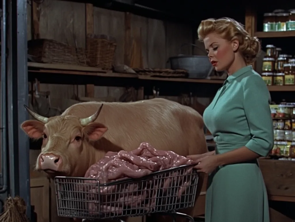 A woman in a turquoise dress stands in a dimly lit, rustic shop. She holds a shopping basket filled with what appears to be pink intestines. A cow with a curious expression stares at her from the side. The scene suggests a surreal or humorous situation, possibly from a film or play.