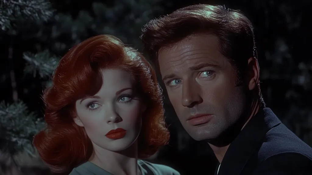 A man and a woman stand close together, their faces illuminated by a soft light. The woman has striking red hair styled in a glamorous fashion, while the man's dark hair is styled in a more conservative way. Their expressions are serious, suggesting a moment of tension or uncertainty. The background is a dark blur, likely foliage, which adds to the sense of mystery.