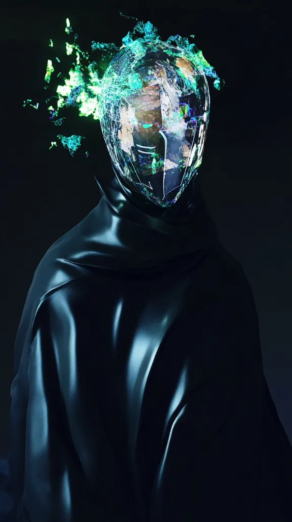 A figure cloaked in a dark, flowing garment is partially obscured by a glowing, transparent helmet. The helmet features a complex, digital pattern that resembles a futuristic world map, with green and blue hues illuminating the otherwise shadowy image. The figure's face is hidden, adding an element of mystery and intrigue.