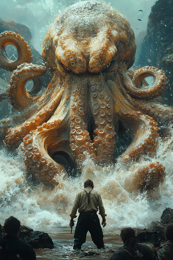 A giant, monstrous octopus rises from the churning sea, its massive tentacles reaching towards the shore. A lone man stands facing the creature, a look of determination on his face. The scene is full of drama and tension, suggesting a confrontation between man and nature. The ocean water is a mix of turquoise and white, creating a sense of awe and danger.