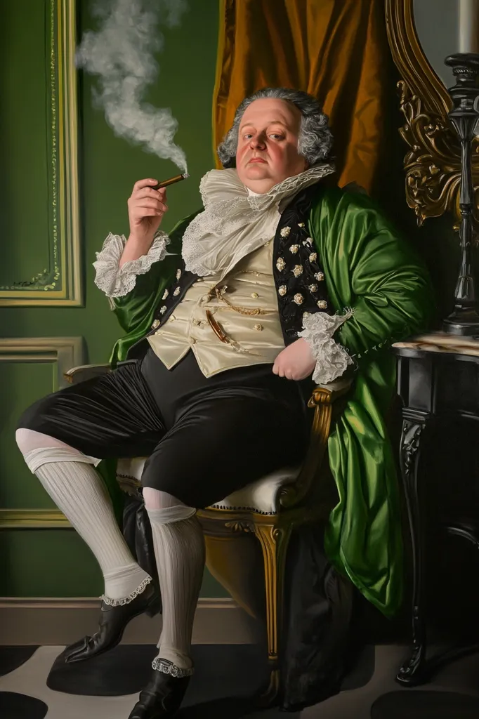 A man in a green and white embroidered jacket sits in a gold-trimmed chair, smoking a pipe. He wears white stockings and black shoes. The background is a dark green wall with a gold-framed picture. There is a golden mirror and a black fireplace in the background. The room is dimly lit and the man appears to be in a contemplative mood.