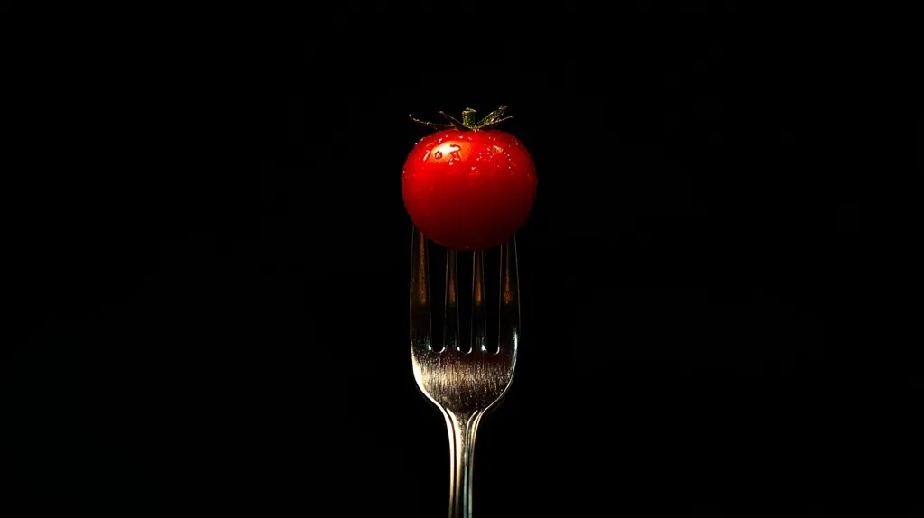 A single, ripe cherry tomato sits atop a silver fork, the only splash of color against a stark black background. The tomato is glistening with condensation, suggesting its freshness and juiciness. The image highlights the simplicity and beauty of a common food item.