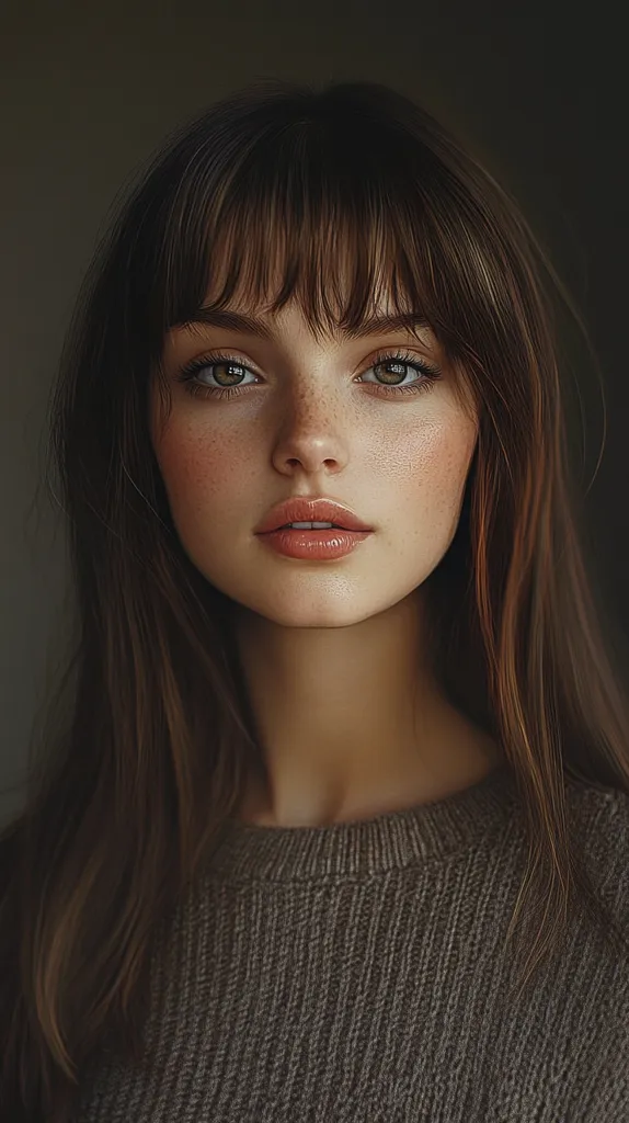 A young woman with long brown hair and bangs looks directly at the camera. She is wearing a brown knitted sweater. Her skin is fair and she has freckles. Her lips are slightly parted and her eyes are a warm brown. The lighting is soft and the background is blurred.  The image has a simple, natural beauty.