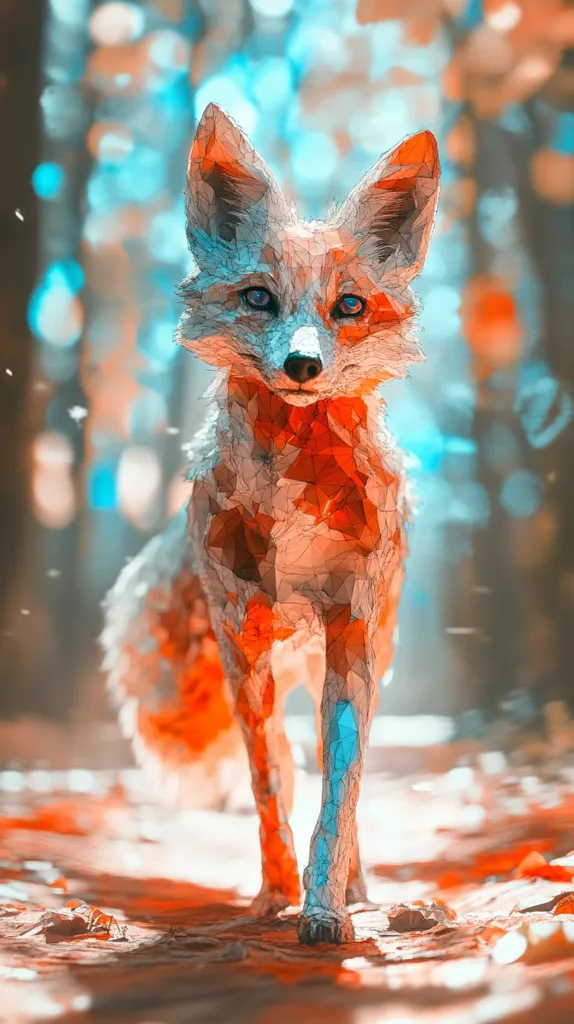 A fox, rendered in a low-poly style, walks towards the viewer. The fox is composed of triangles, colored in shades of white, orange, and blue. The background is a blurred, abstract representation of a forest, with bokeh effects. The overall mood is whimsical and ethereal.