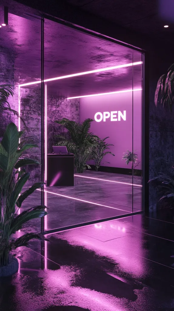 The image shows a modern, minimalist interior bathed in a vibrant, neon-pink glow. A glass door reveals a sleek reception area with a black countertop, and a sign that reads "OPEN" in bold white letters. The walls are textured concrete, and lush green plants add a touch of nature to the space. The floor is polished concrete, reflecting the neon light.