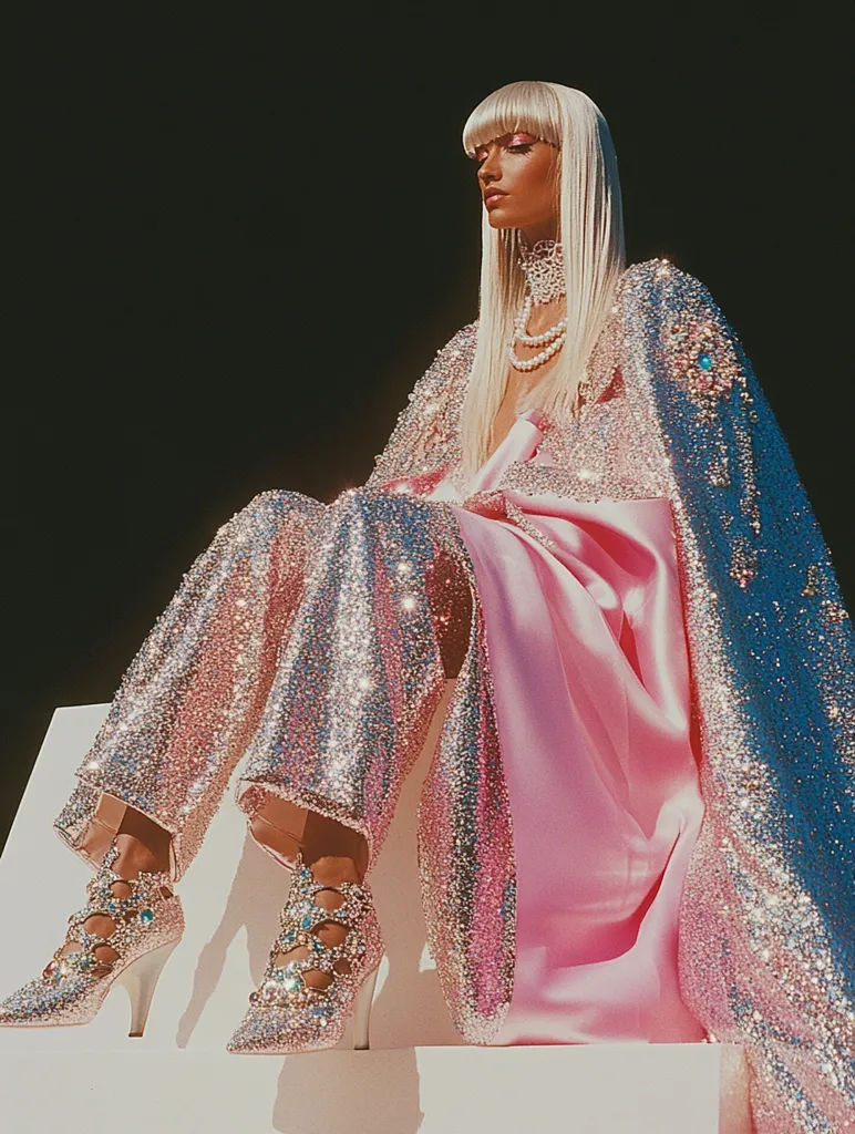 A model with long blonde hair and a blunt fringe sits with her legs crossed. She is wearing a shimmering pink outfit, complete with a cape, trousers, and shoes adorned with jewels. The outfit reflects the light, creating a dazzling effect. The model appears to be in a thoughtful or serene mood. The background is a plain black, making the model stand out. The overall look is glamorous and eye-catching.
