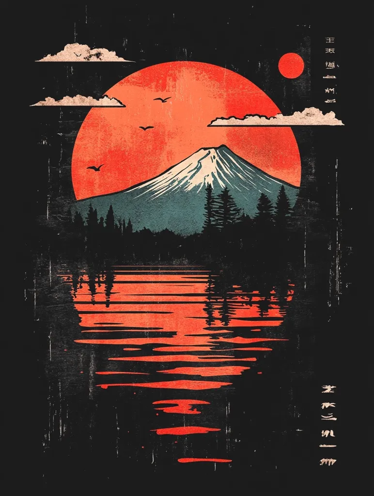 The image depicts a serene scene of Mount Fuji, a majestic, snow-capped mountain, silhouetted against a vibrant red sunset. The sky is filled with soft, fluffy clouds, and the reflection of the sunset paints the still water below in shades of orange and red. The image is rendered in a minimalist, graphic style, with a textured background reminiscent of old Japanese woodblock prints. The overall atmosphere is one of peace, tranquility, and the beauty of nature.