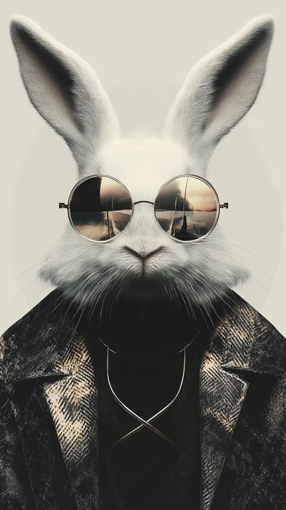 A white rabbit with large, floppy ears wears a black coat and round, reflective sunglasses. The rabbit's face is close-up and serious, with a hint of mischief in its eyes. The background is a simple, light gray, allowing the rabbit's unique look to stand out. The image has a stylized, almost surreal feel, giving the rabbit a cool and enigmatic presence.