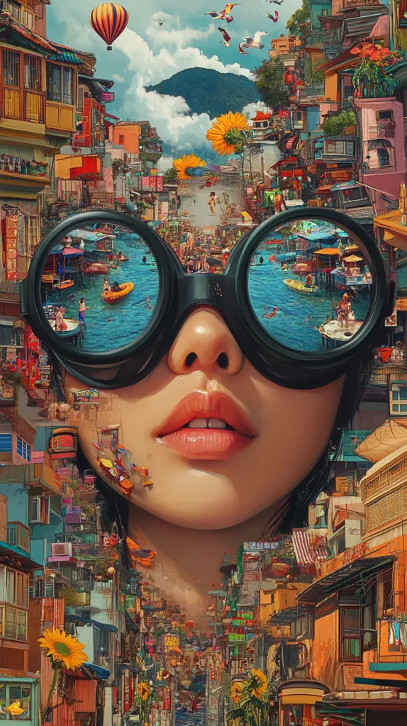 The image depicts a woman's face, framed by large, round sunglasses that reflect a bustling, colorful city scene. The city appears to be built on a large scale, dwarfed by the woman's features, creating a surreal and whimsical effect. The image is filled with intricate details, including buildings, boats, people, flowers, and a hot air balloon in the background. The vibrant colors and dreamlike composition create a sense of wonder and possibility.