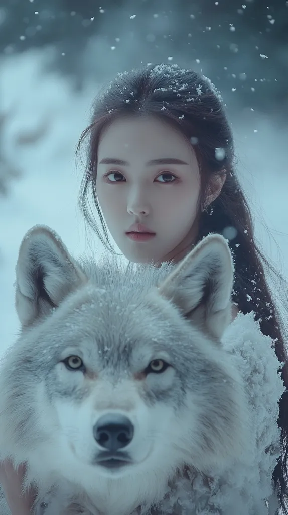 A young woman with long dark hair, snowflakes on her face, stares intently at the camera. Her face is soft and delicate, contrasting with the wildness of the wolf beside her. The wolf’s face is close-up, showing its keen eyes, powerful jaw, and thick fur. The background is blurred, creating a dreamy, almost ethereal atmosphere. The image evokes a sense of connection between humans and animals, with the woman and the wolf sharing a moment of mutual understanding.