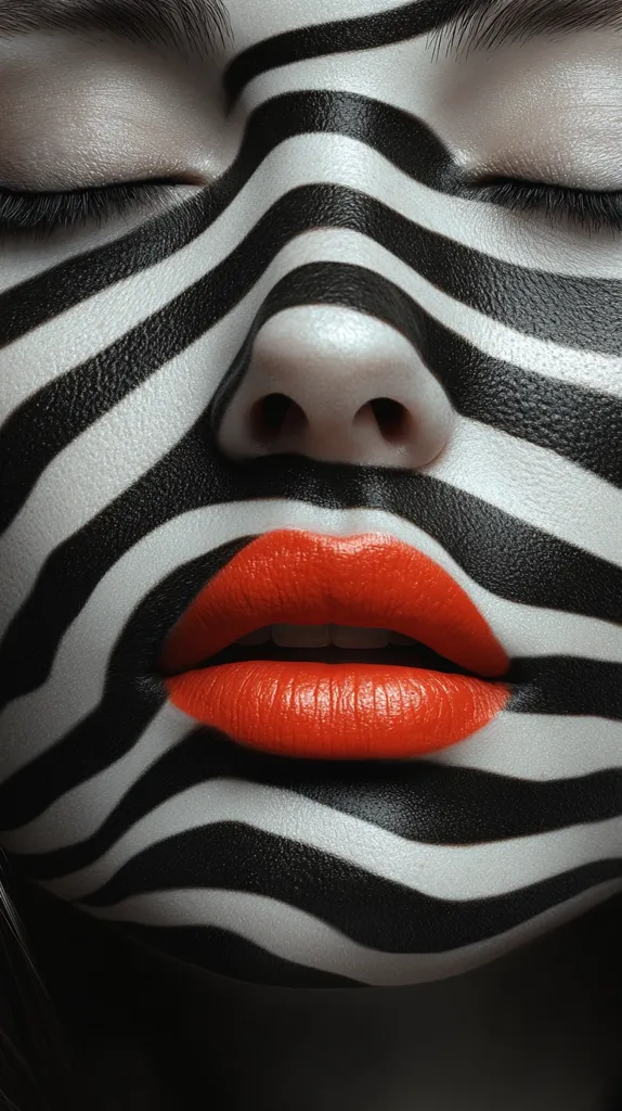 A close-up of a woman's face, with black and white zebra-like stripes painted on her skin. Her eyes are closed and her lips are painted a bright red. The image emphasizes the contrast between the black and white stripes and the vibrant red lips. The focus is on the bold makeup and the abstract pattern created on the face.