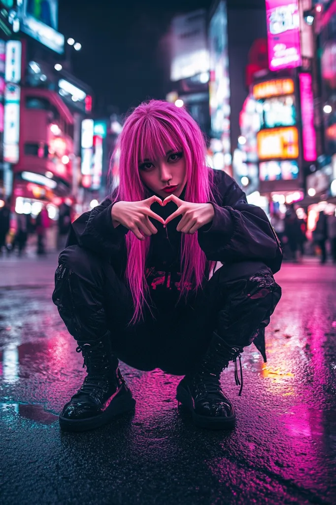 A young woman with bright pink hair is crouching on a wet street, her hands forming a heart shape in front of her face. She is wearing black clothing and chunky boots. Behind her, the urban cityscape is aglow with neon lights, reflecting in the wet pavement. The overall scene is vibrant and slightly edgy, with a strong sense of urban cool.