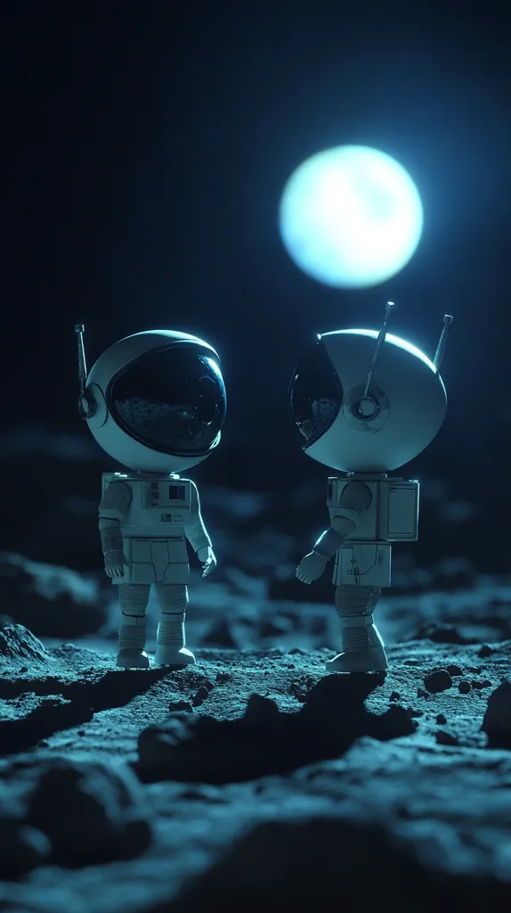 Two toy astronauts stand on a lunar surface, their white suits and helmets reflecting the light of a large, glowing moon overhead. The moon is a bright white disc in a dark blue sky, illuminating the astronauts and the dusty, cratered terrain. The astronauts stand facing each other, seemingly in conversation, their bodies silhouetted against the light. The scene evokes a sense of wonder and exploration in a futuristic, otherworldly landscape.
