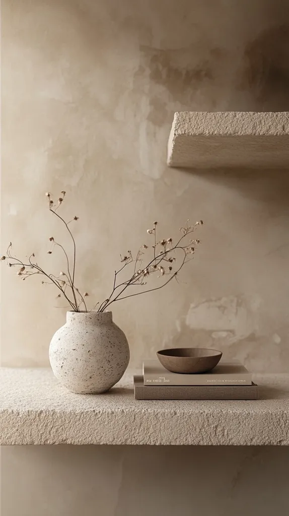 A simple, minimalist still life featuring a textured white vase filled with dried branches, a small brown bowl, and two books stacked on a rough-hewn stone shelf. The background is a textured beige wall with a ledge above the shelf. The muted tones and natural textures create a sense of tranquility and understated elegance.