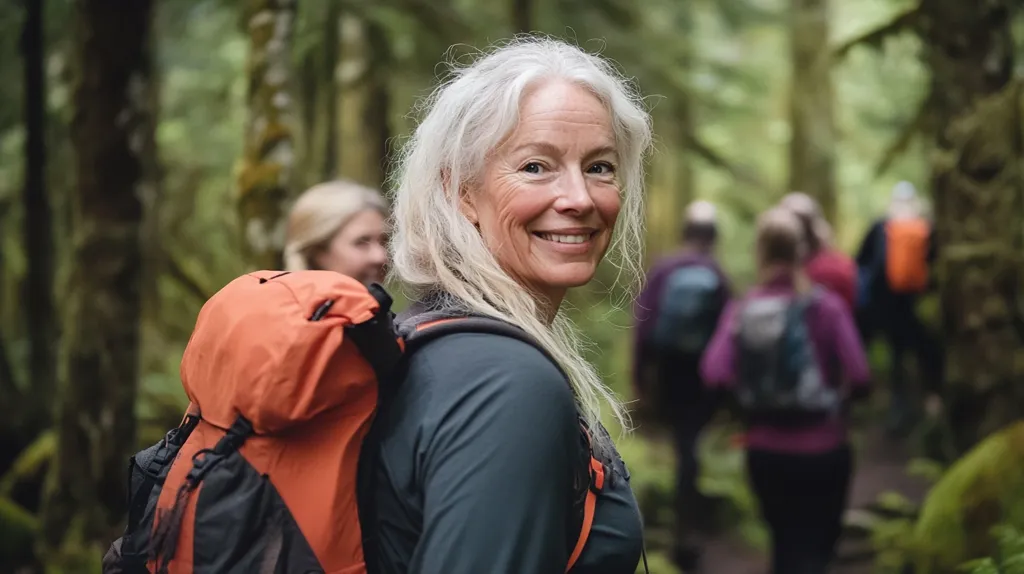 A woman with long, grey hair and a bright smile is hiking through a forest. She is wearing a blue shirt and carrying a bright orange backpack. Other hikers are visible in the background, walking on a path through the trees. The woman is looking over her shoulder towards the camera. The lush green foliage creates a sense of peace and tranquility.