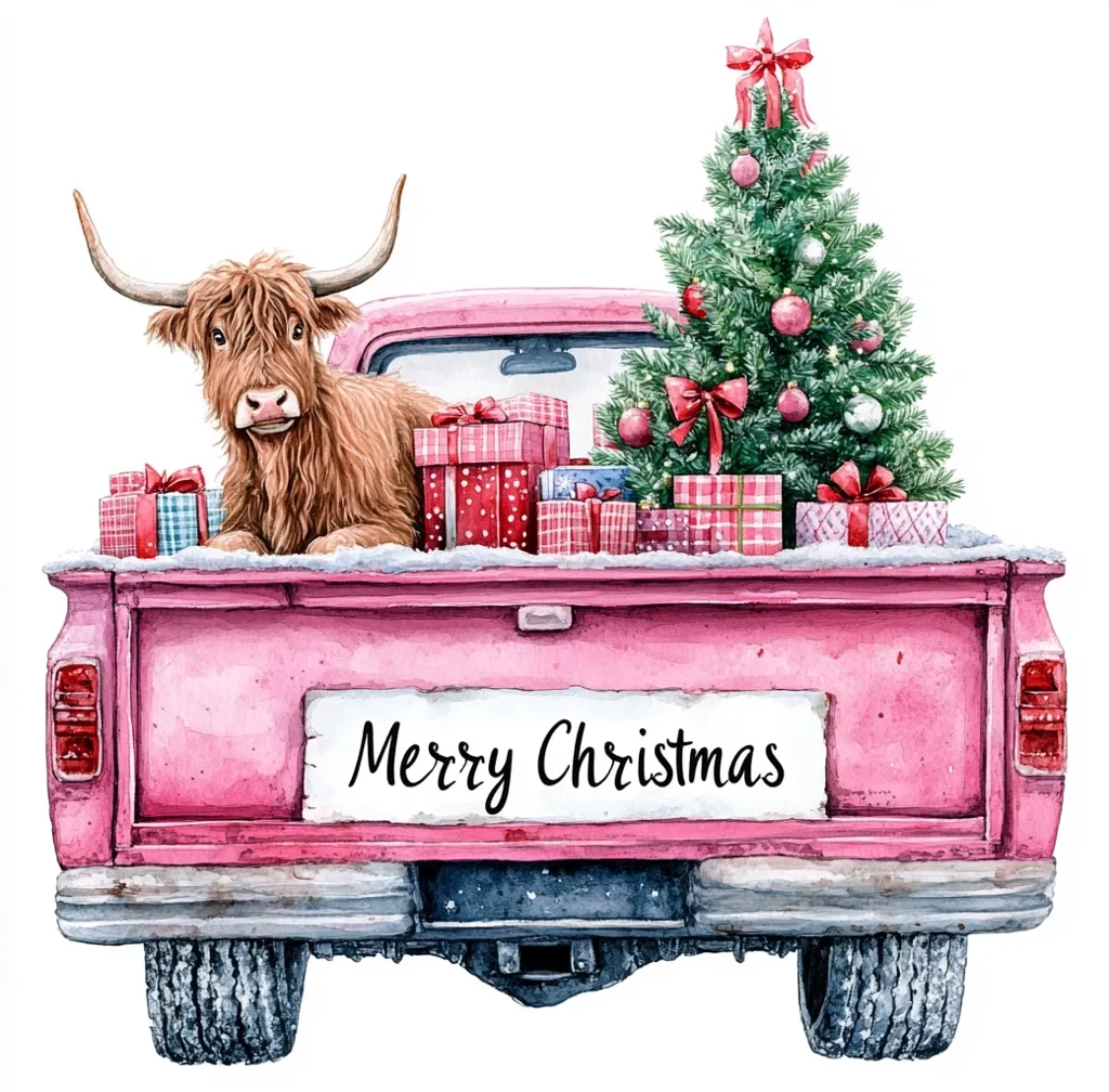 A watercolor illustration of a pink pickup truck with a Christmas tree and a Highland cow in the bed. The truck is decorated with a sign that reads "Merry Christmas". The truck is filled with wrapped presents and the cow is looking at the viewer. The image is painted in a whimsical style, with soft colors and delicate details.