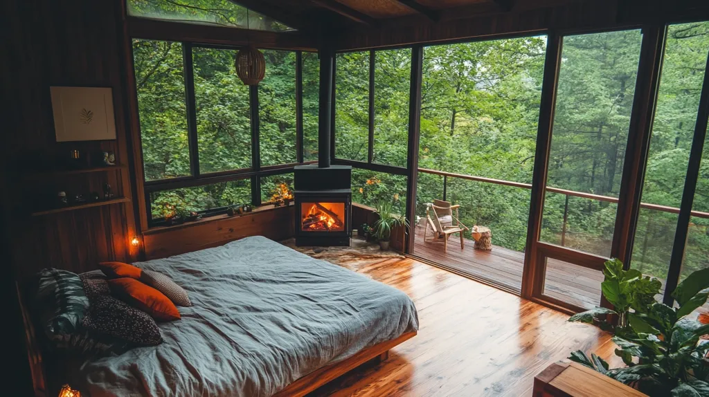 A cozy bedroom with a large bed, a fireplace, and large windows overlooking a lush green forest.  The room is lit by natural light and has a rustic wooden floor.  The bed is dressed in soft, grey linens and topped with colorful pillows.  The room has a relaxing and peaceful atmosphere.