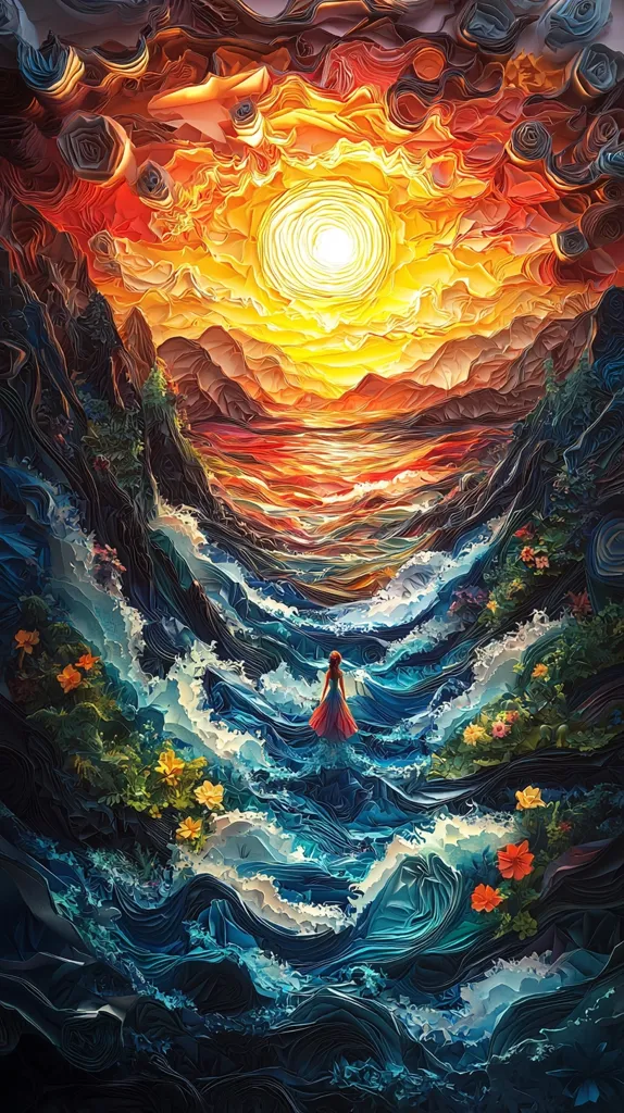 The image is a colorful, abstract landscape made of paper. It features a bright yellow sun with a swirling pattern in the center, a red sky, and a blue and white sea. There are dark mountains on either side of the sea, and a small figure in a red dress stands in the middle of the sea. The paper is meticulously cut and layered to create a three-dimensional effect.  The artwork has a dreamlike quality and evokes a sense of wonder and awe.  The use of bright colors and intricate detail creates a visually stunning and thought-provoking piece.