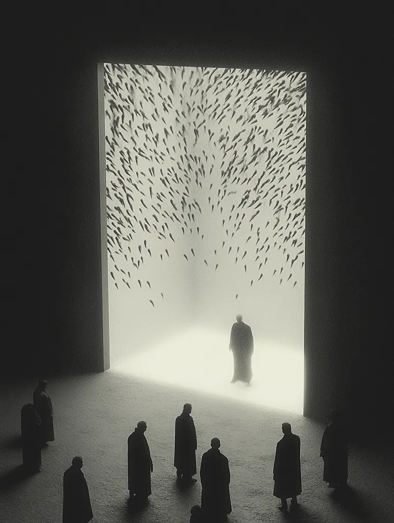 The image depicts a group of shadowy figures standing in a dimly lit room. A large, rectangular opening in the wall reveals a brightly lit space beyond, filled with a swirling mass of black specks. A single figure stands in the center of the bright space, their silhouette illuminated against the background. The scene evokes a sense of mystery and intrigue, suggesting a transition or passage from darkness to light. The composition emphasizes the contrast between the two spaces and the isolation of the single figure, highlighting a potential journey or transformation. The overall tone is somber yet hopeful, prompting contemplation about the unknown and the path ahead.