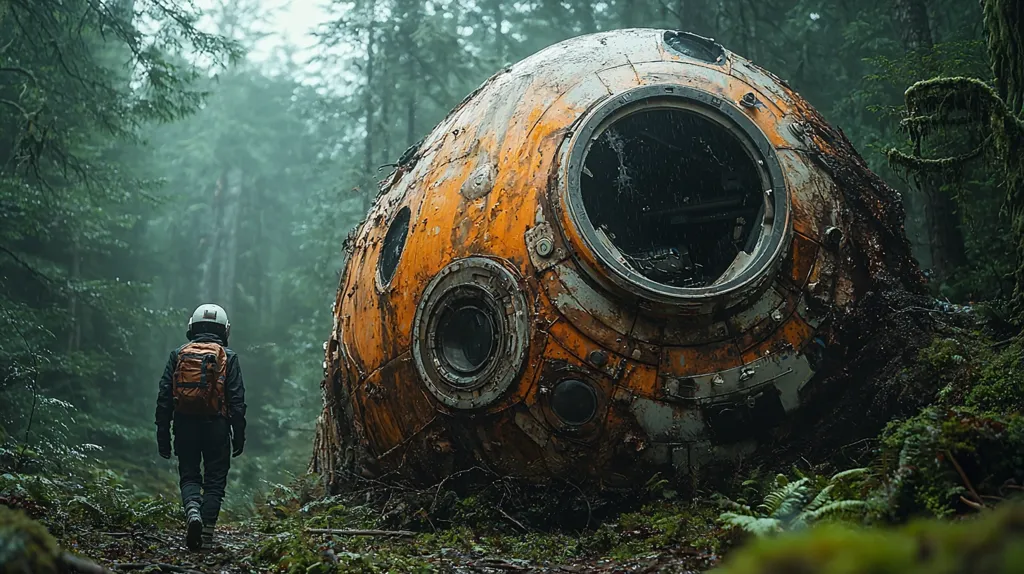 A lone figure in a spacesuit walks through a dense forest. In the background, a large, spherical, metallic object sits partially submerged in the foliage. The object is worn and weathered, with a large circular window.  The image evokes a sense of mystery and isolation, as if the figure has stumbled upon a forgotten relic from a distant future. The foggy forest adds to the sense of an unknown world.