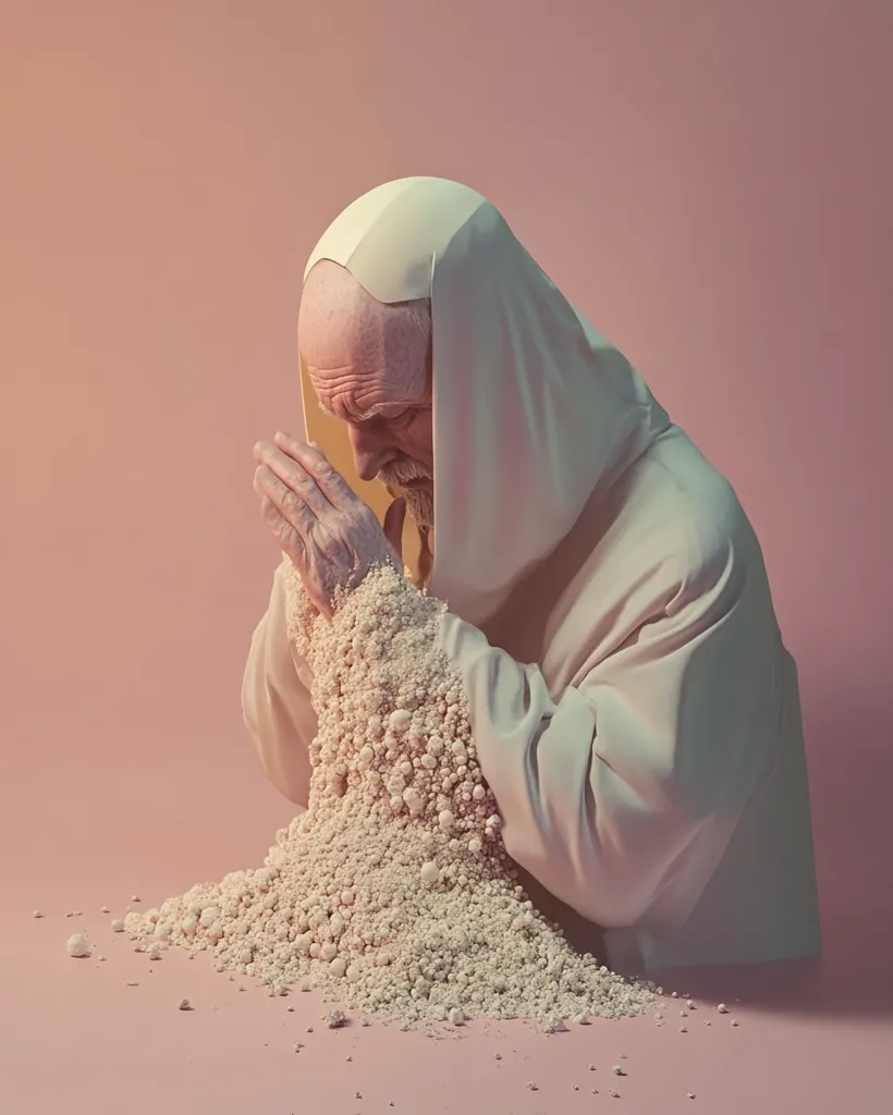 A man in a white robe is kneeling, his face buried in his hands. His hands are covered in a mound of white, round objects. He appears to be in deep thought, perhaps prayer, surrounded by the mysterious objects. The pink background creates a sense of serenity and contemplation. The overall image is enigmatic and suggestive of a spiritual or mystical experience.